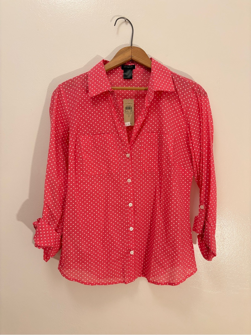 NWT Ann Taylor 100% Cotton Women’s Pink Polka Dot Button-Up Blouse